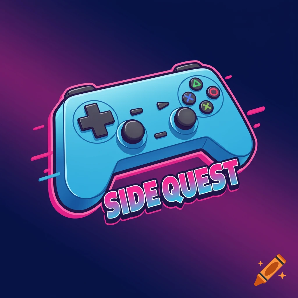 Stylized blue video game controller with pink accents and 'SIDE QUEST' text on a gradient background.