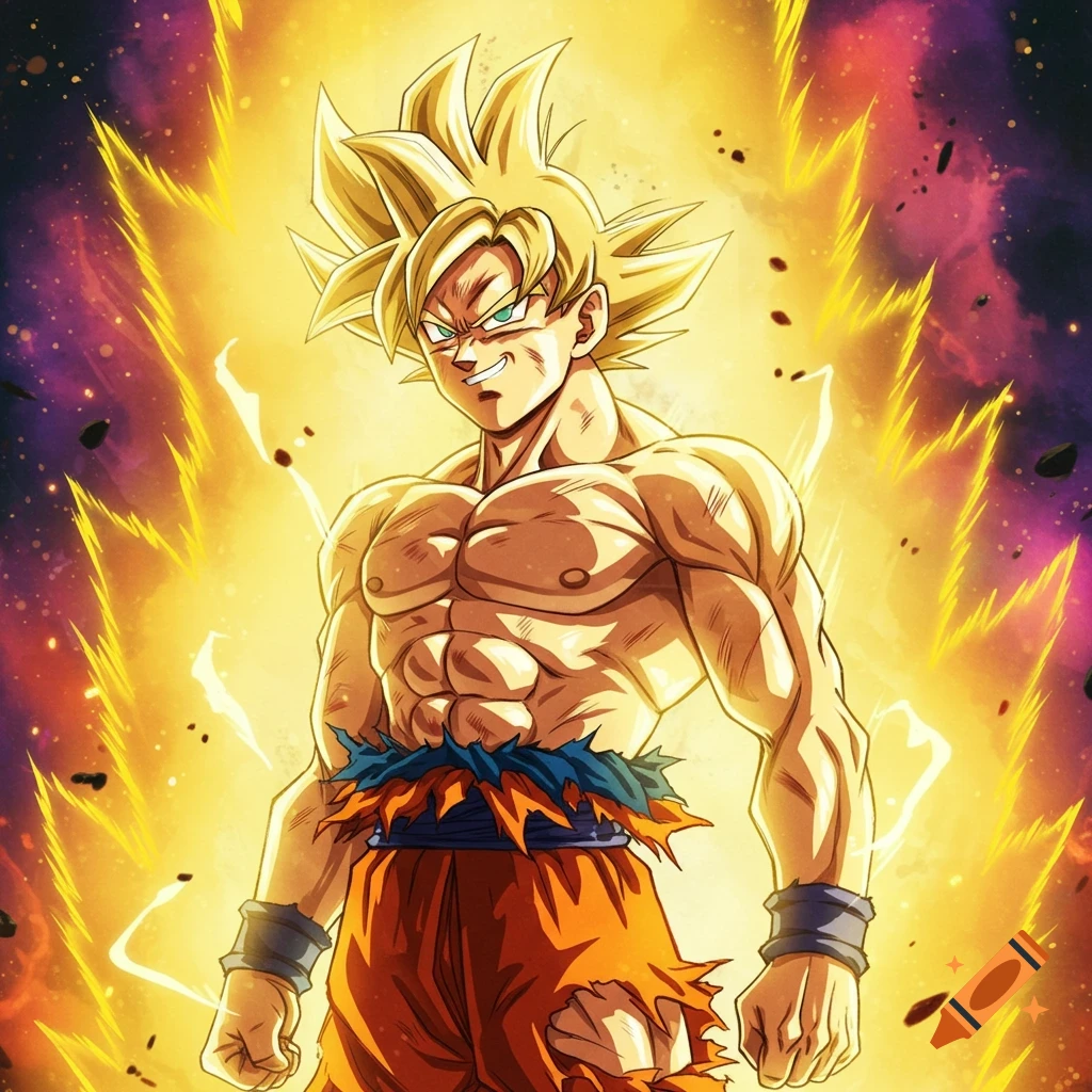 Super Saiyan Goku surrounded by golden energy.