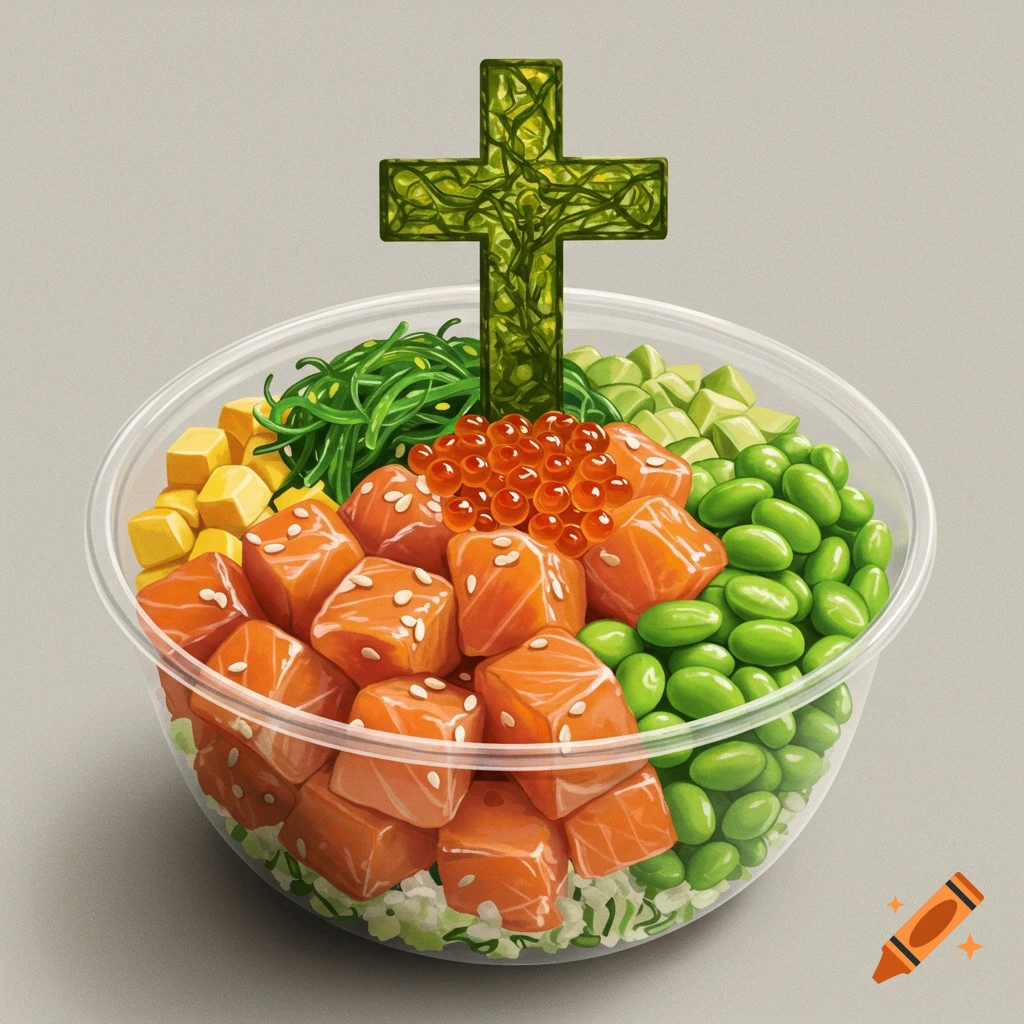 A poke bowl filled with salmon, vegetables, and a green Christian cross.