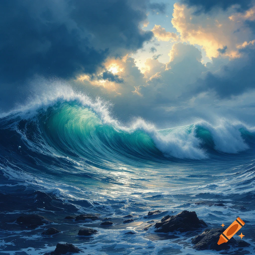 A large blue wave crests in the ocean under a dramatic sky with sunlight breaking through clouds.