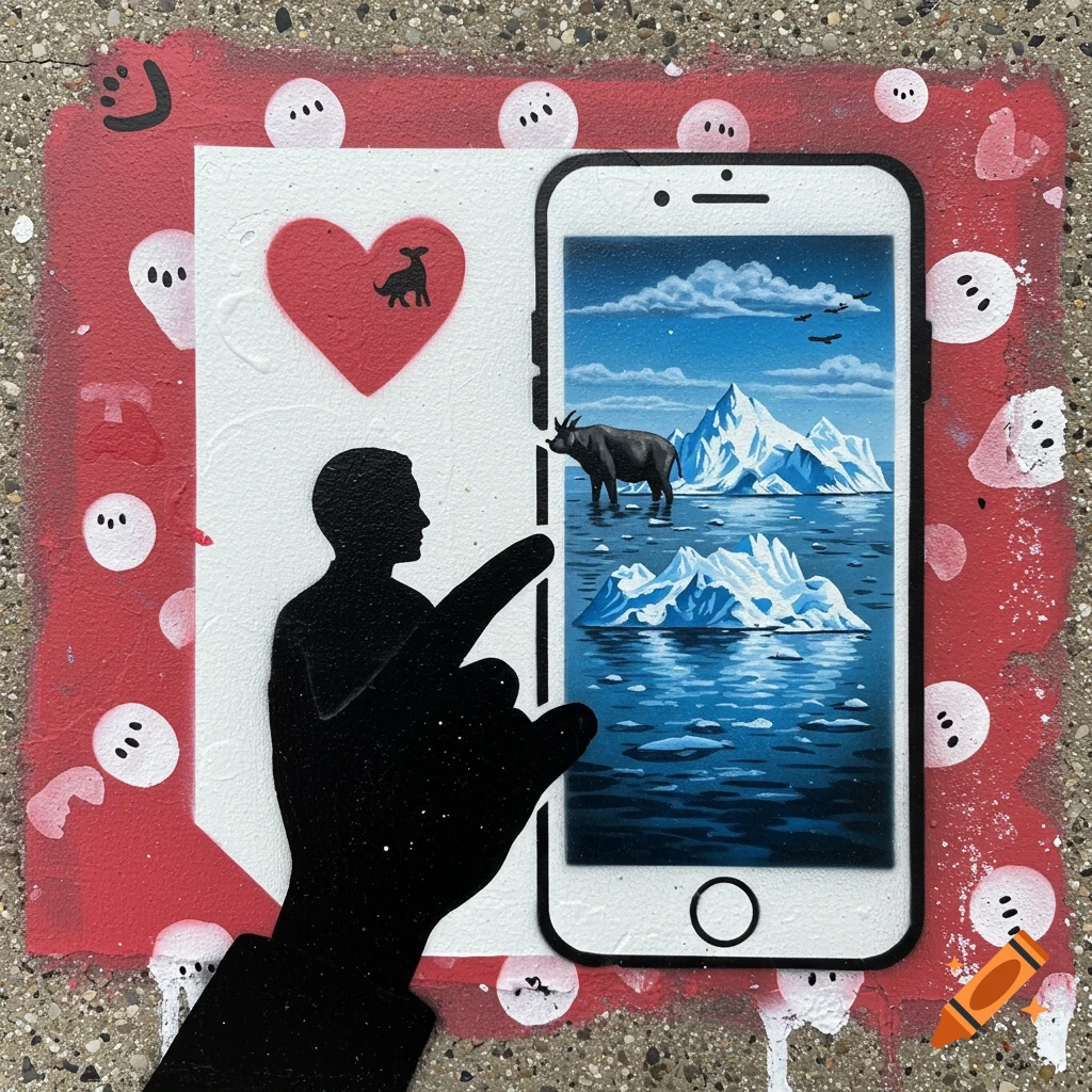 Street art stencil of a person pointing at a phone screen showing icebergs and an animal, with a red heart and patterns in the background.