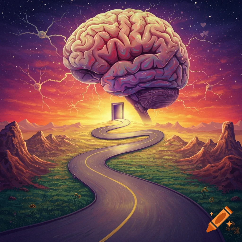 A psychedelic image of a giant brain floating above a road leading to a door in a surreal landscape at sunset.