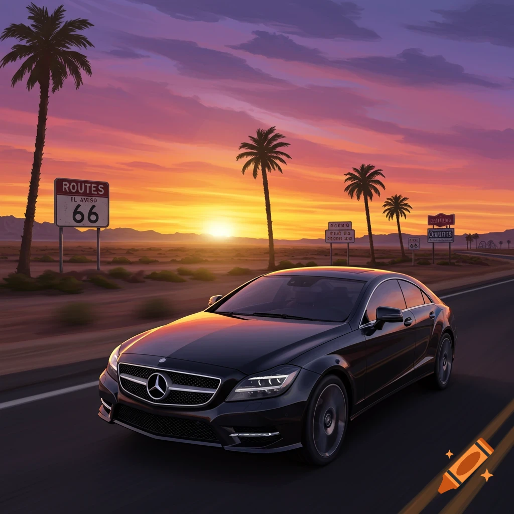 Black Mercedes drives on Route 66 past palm trees at sunset.