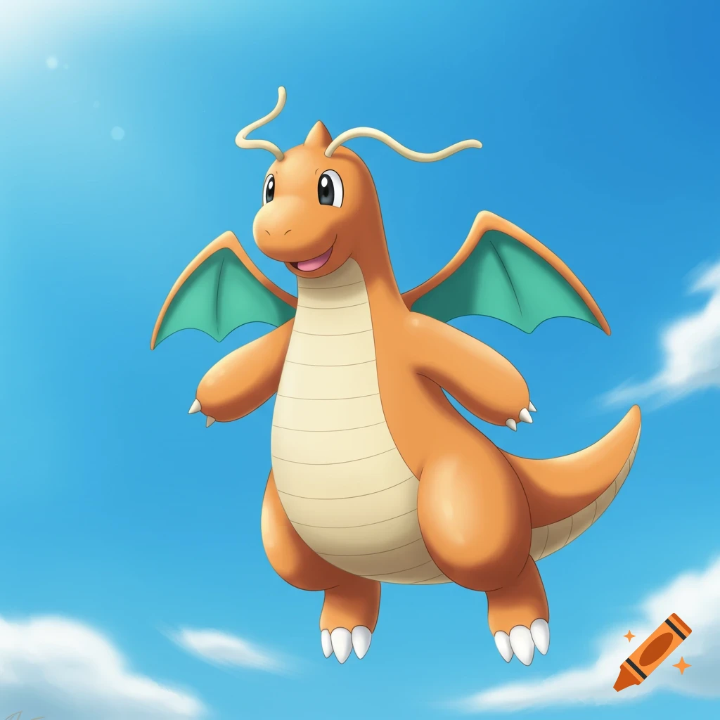 An illustration of Dragonite flying in a blue sky with clouds.