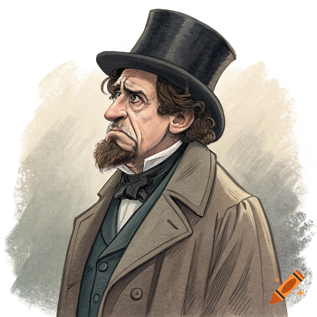 Caricature portrait of a man in a top hat and coat looking up with a disgusted expression.