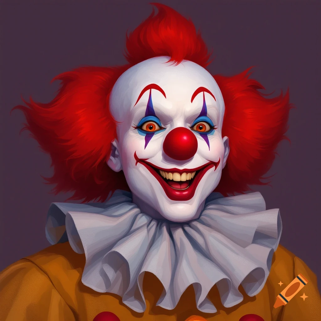 A smiling clown with red hair, white face, red nose, orange eyes, and a ruff.