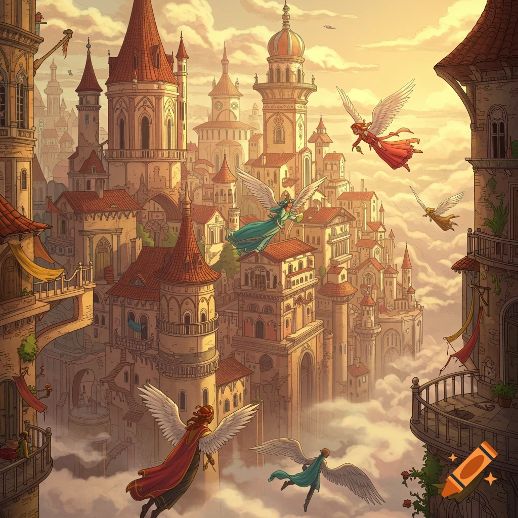 Fantasy city floating in clouds with angels flying