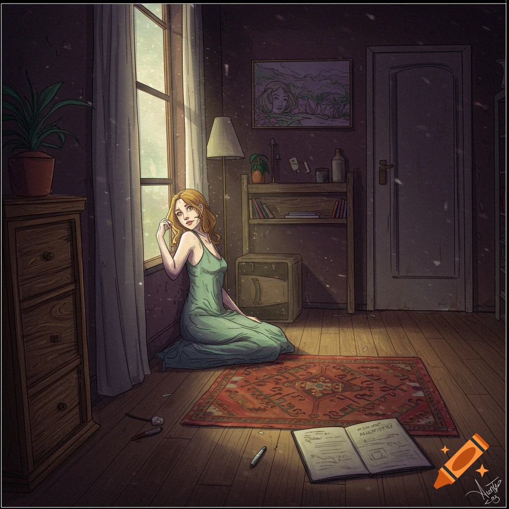 A woman sits by a window in a dimly lit room with a book on the floor.