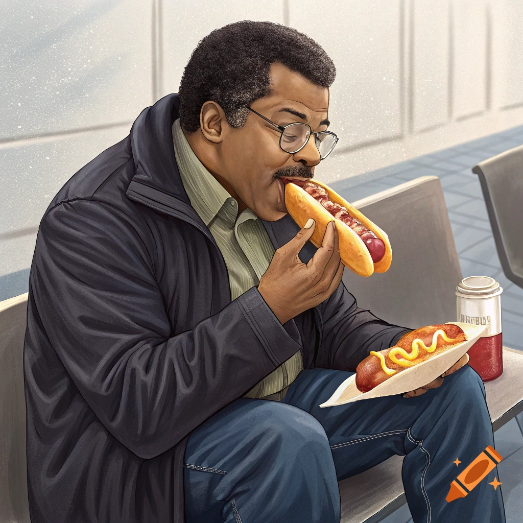 An illustration of a man wearing glasses and a jacket, sitting on a bench and eating a large hot dog.