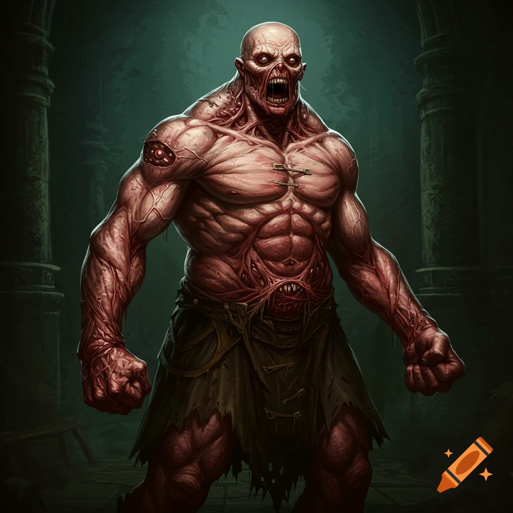 A grotesque humanoid monster with exposed muscle and a bare skull face, standing in a dark dungeon.
