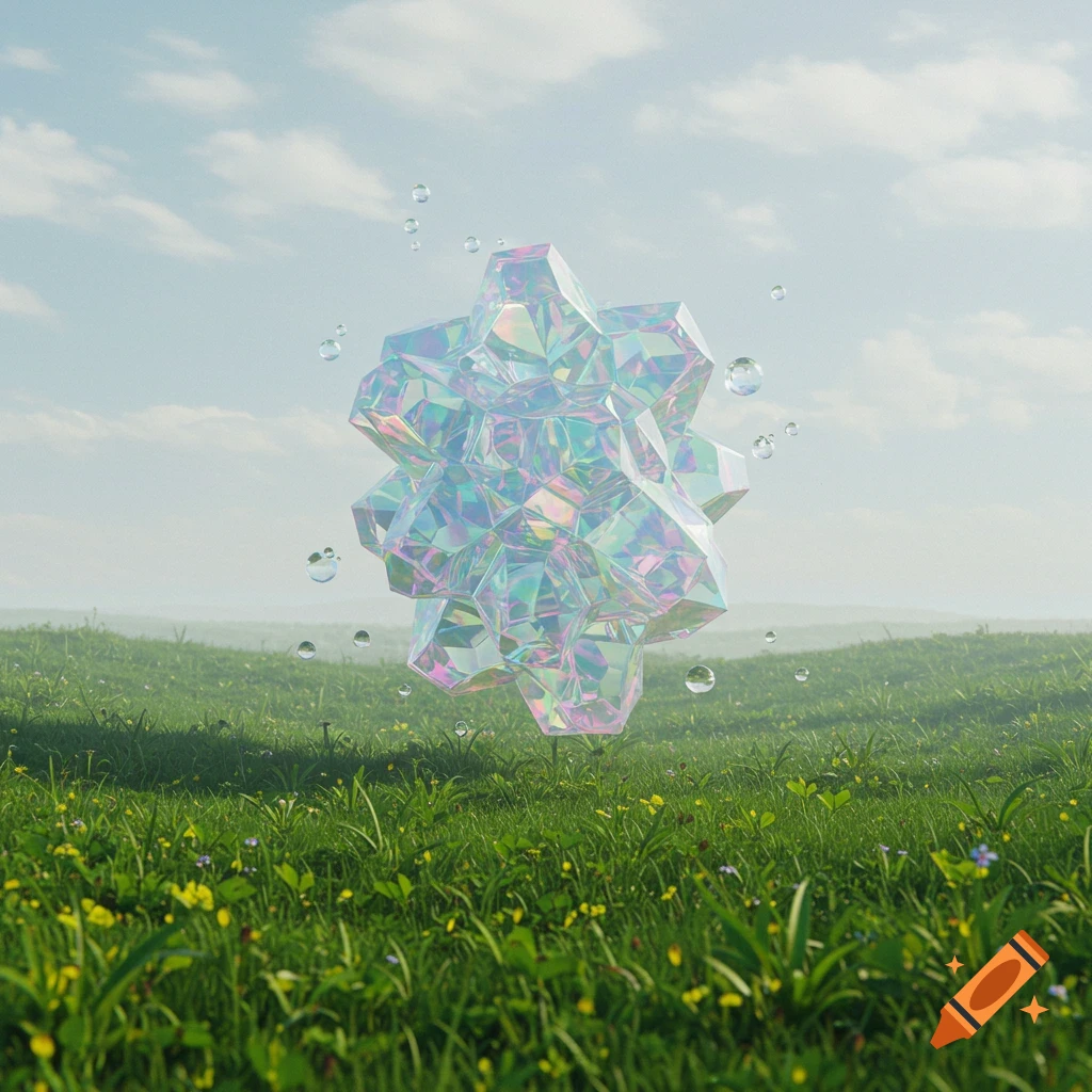 An iridescent geometric shape floats above a grassy field under a cloudy sky, digital art.