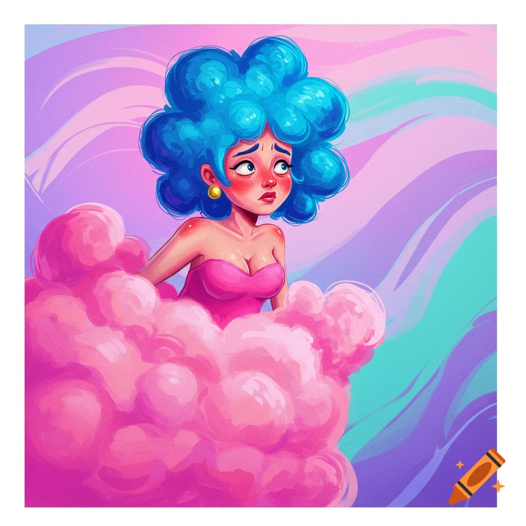A cartoon woman with big blue hair in a pink dress emerges from pink cotton candy clouds against a colorful background.