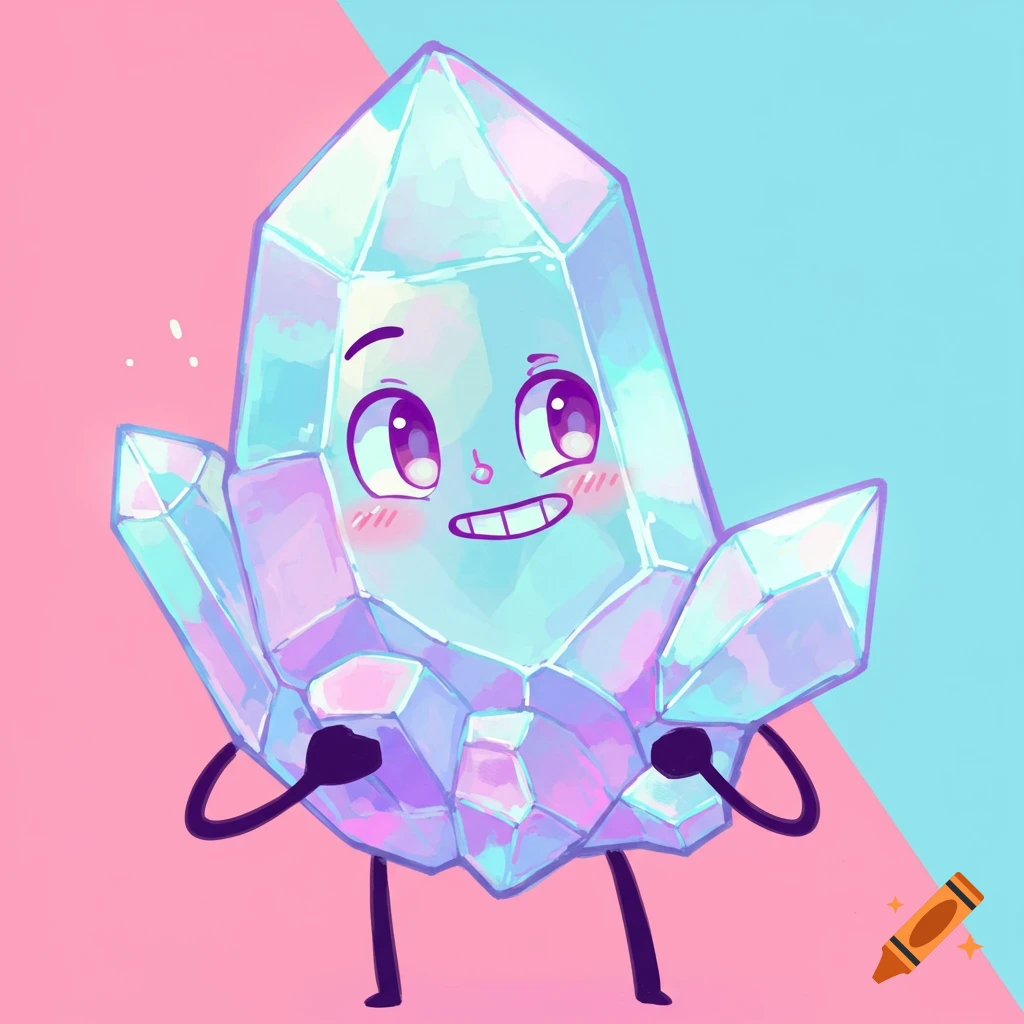 Cute crystal character against pink and blue background