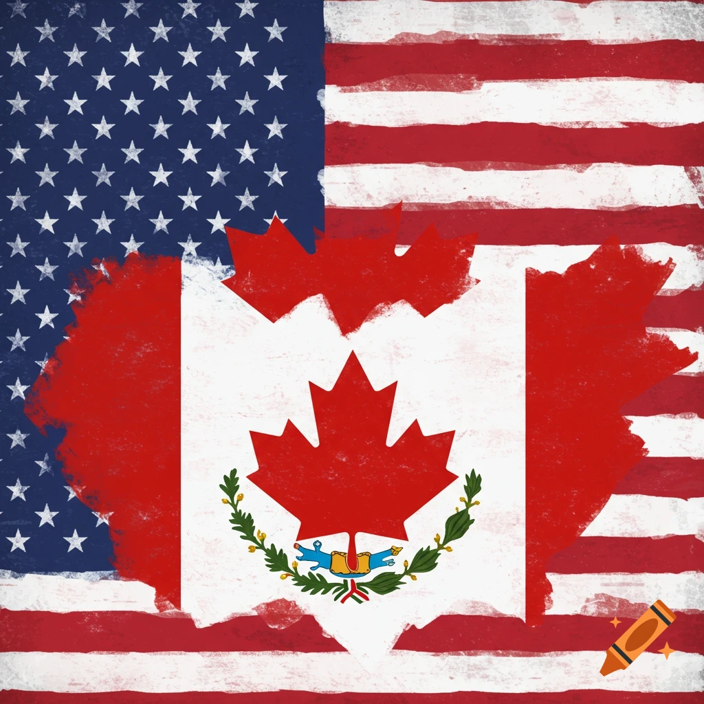 Blended US and Canadian flags with a central emblem in a painted style.
