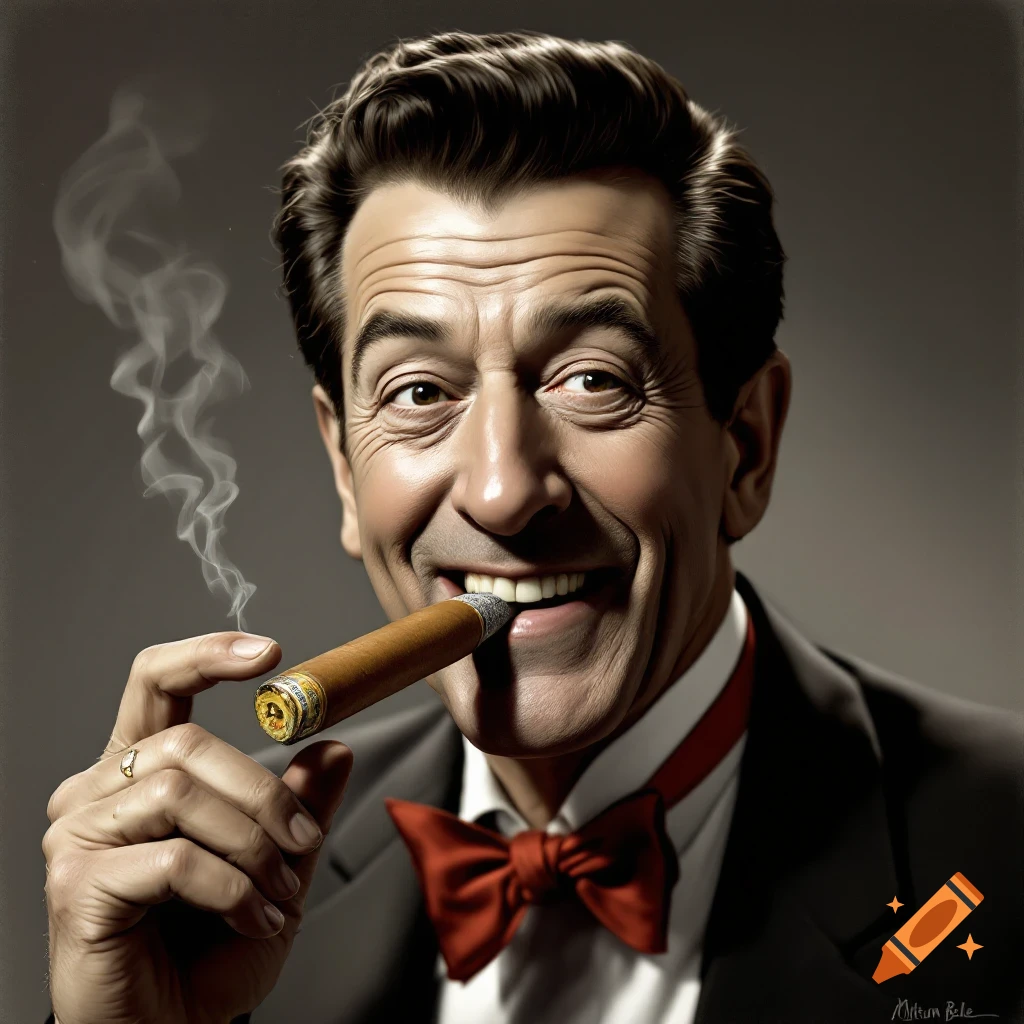 Portrait of a smiling man in a suit with a red bow tie holding a smoking cigar.