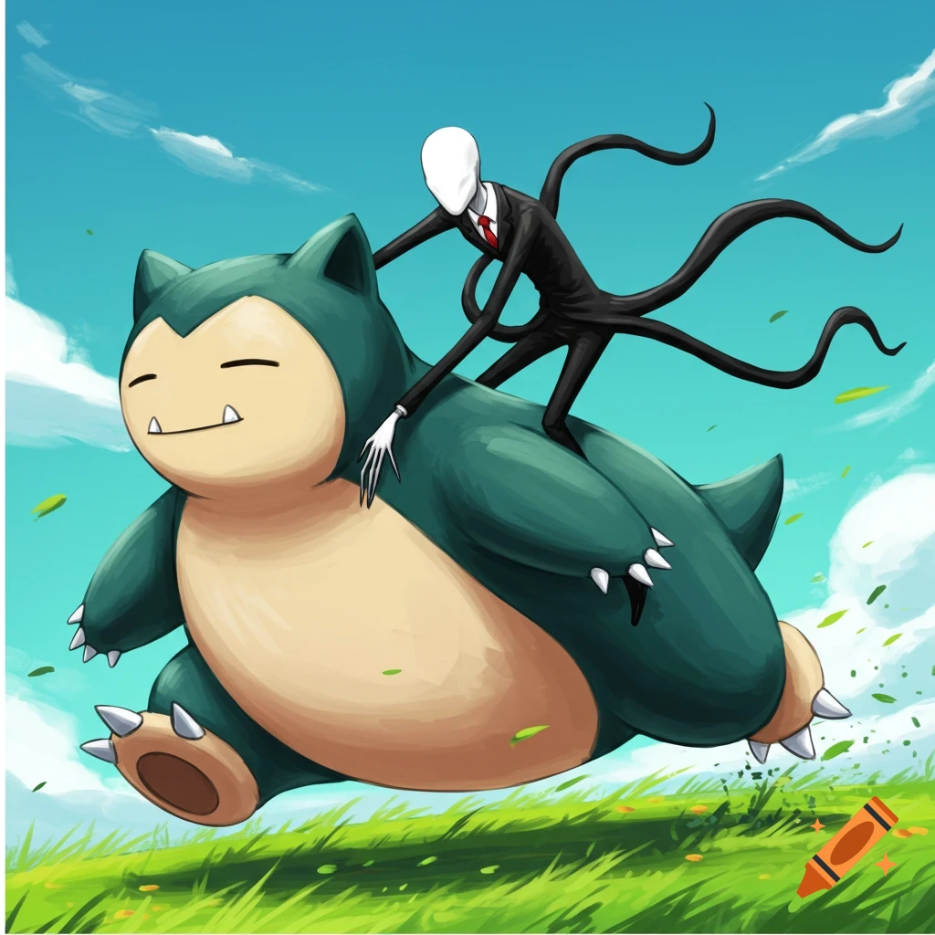 Slenderman riding on the back of a running Snorlax through a grassy field.