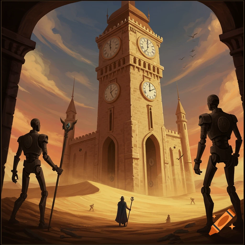 A giant clock tower stands in a desert with clockwork figures in the foreground and a robed figure near the base.