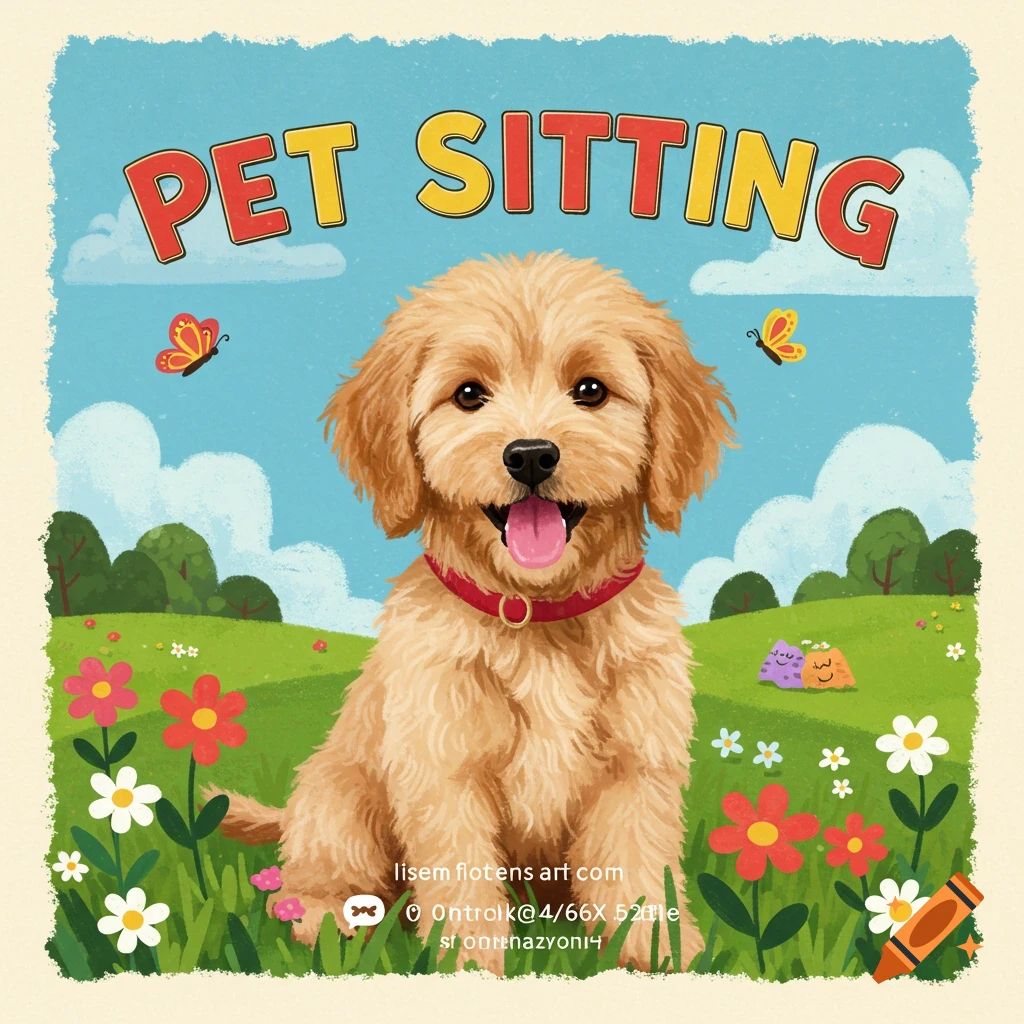 Image of a smiling golden retriever puppy in a field of flowers with 'PET SITTING' text above.