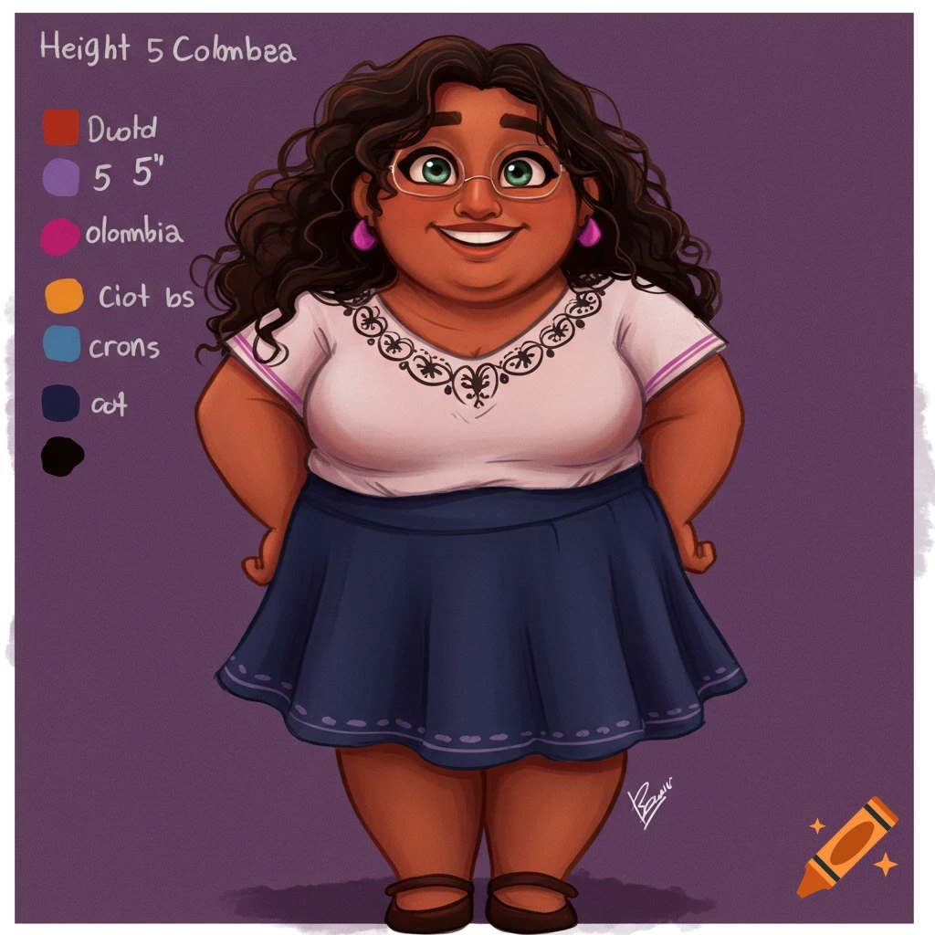 A short, pudgy character with curly hair, glasses, white shirt, and blue skirt.