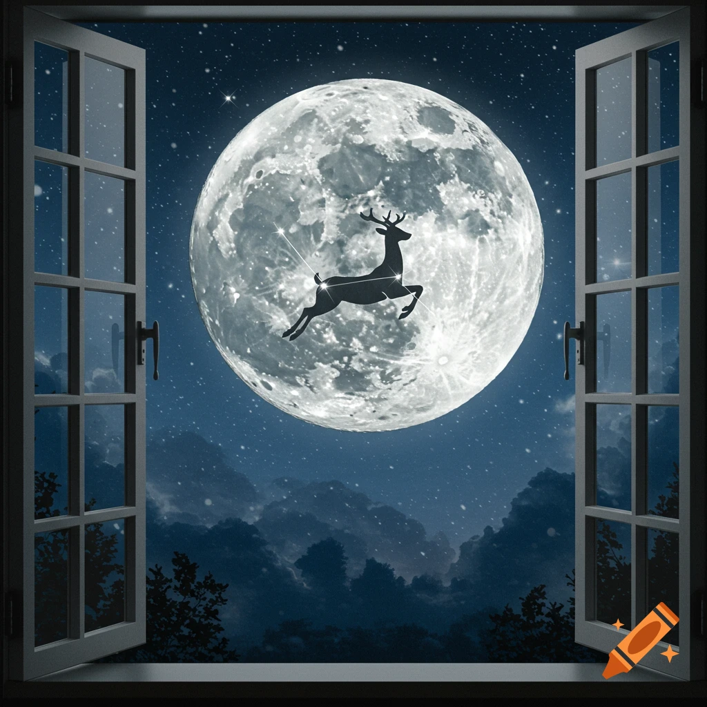 View through a window of a large full moon with a stag constellation silhouette against a starry night sky.