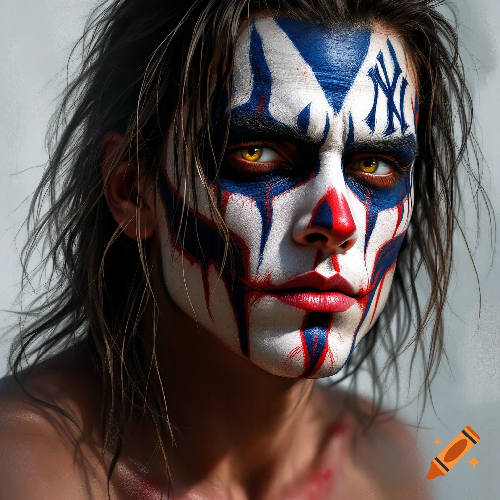 Close-up portrait of person with Yankee-themed theatrical face paint.