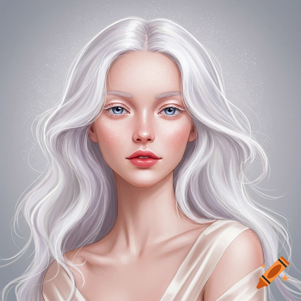 A woman with long white hair, pale skin, and blue eyes.