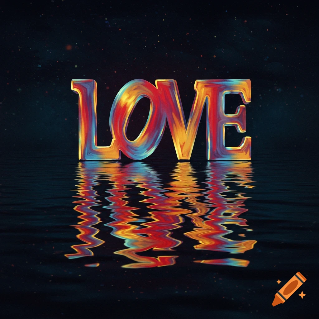 Colorful textured word LOVE stands in water with reflection under a dark sky.