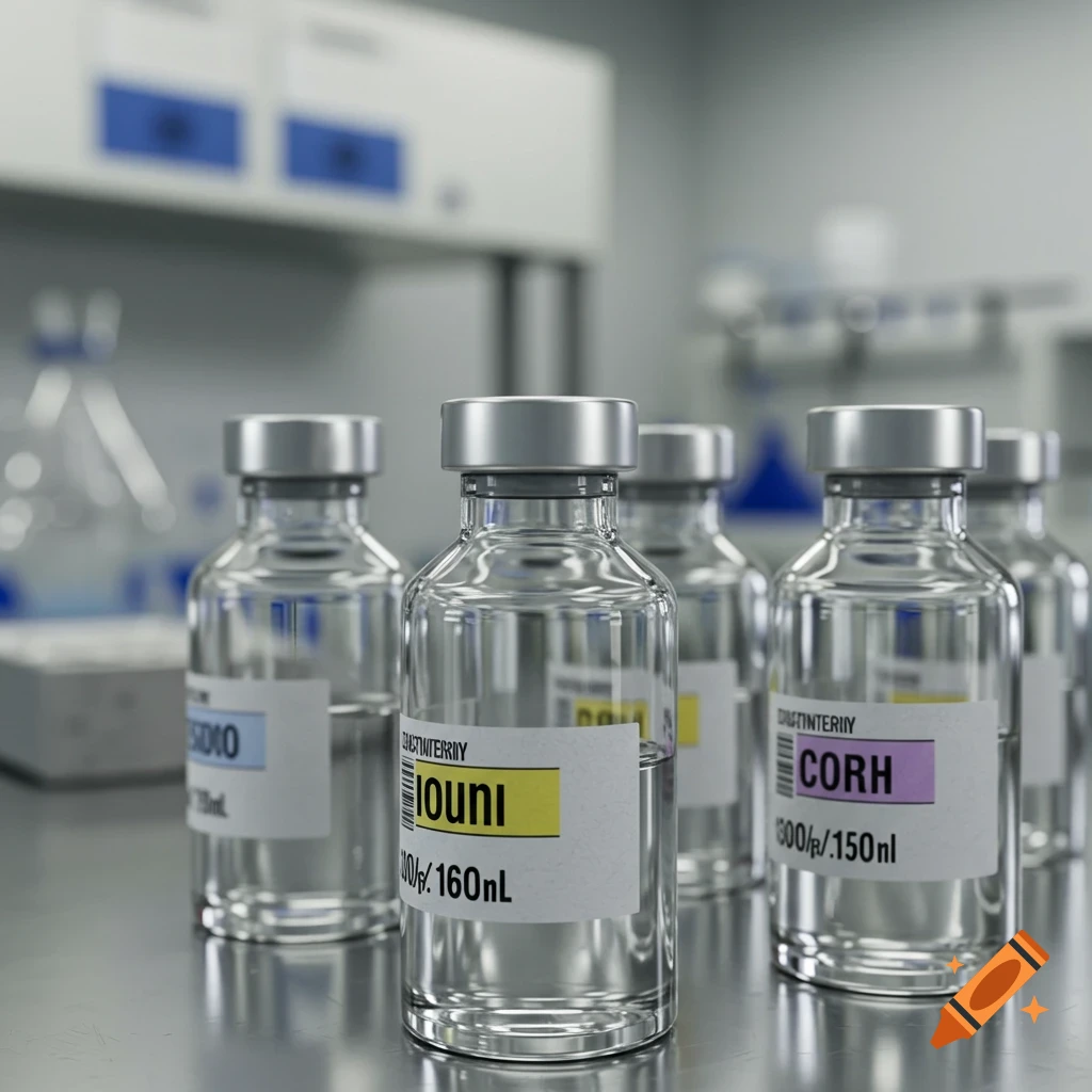 Several clear glass vials with labels on a counter in a laboratory