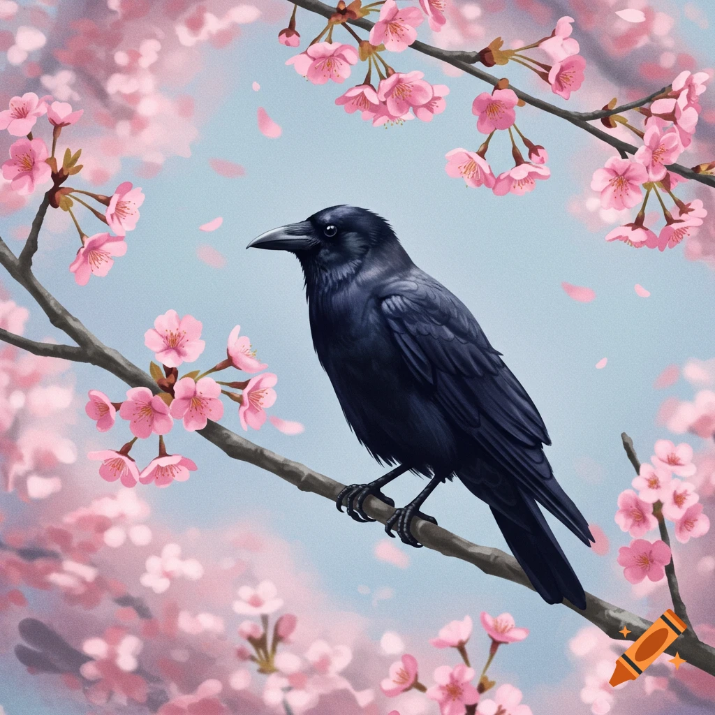 A black crow sits on a cherry blossom branch.