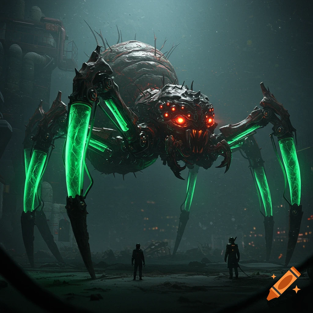 Giant bio-mechanical spider with green glowing legs and red eyes looms over two small figures in a misty, ruined landscape.
