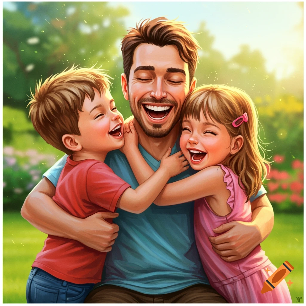 A father is laughing and hugging his son and daughter in a sunny garden.