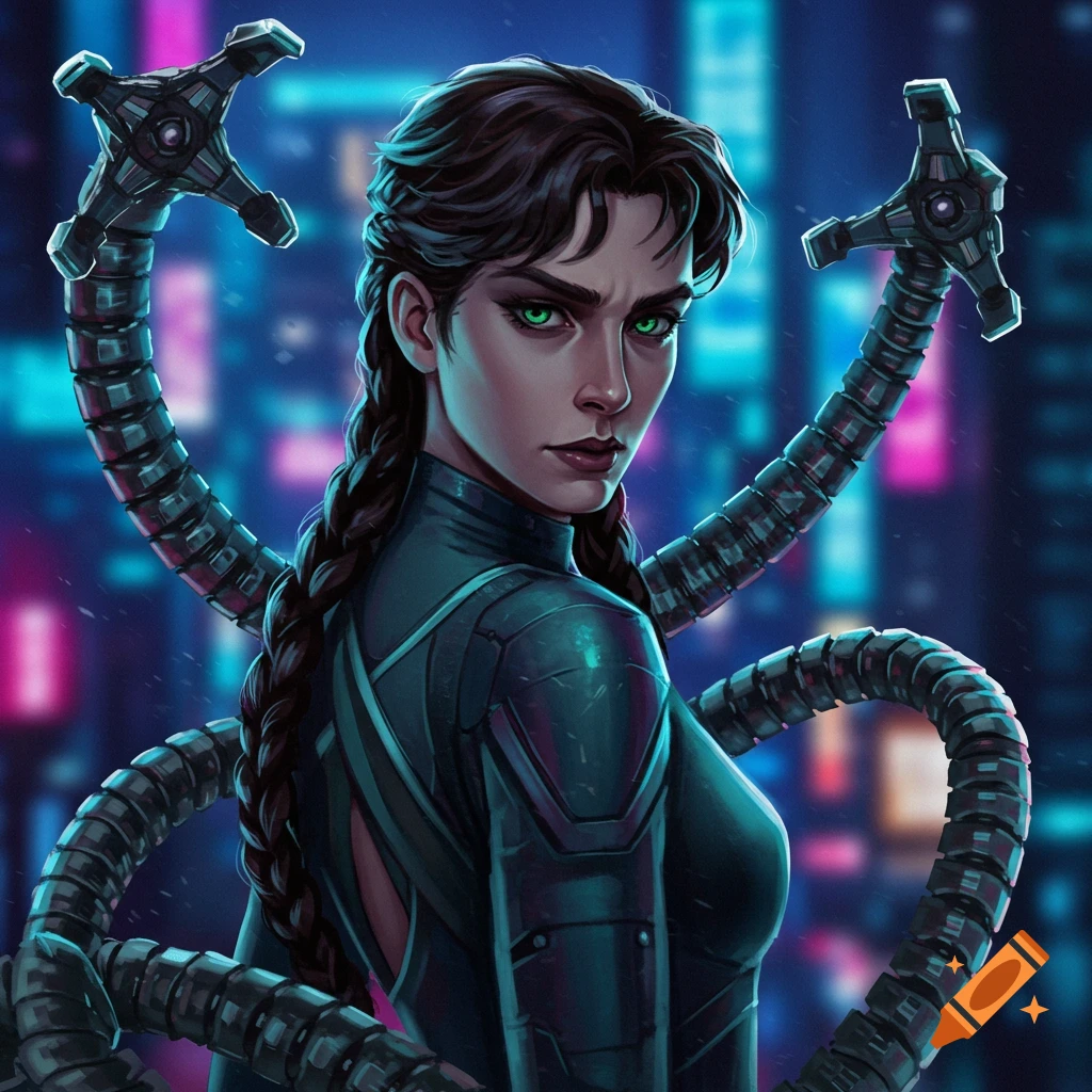 A woman with mechanical octopus arms stands in a futuristic city.