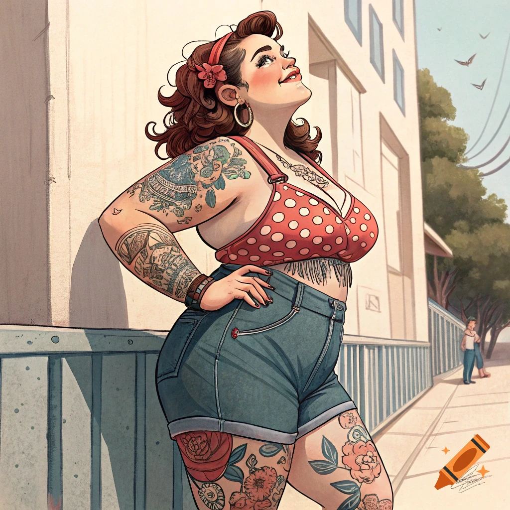 Illustration of a smiling, curvy woman with tattoos in a polka dot top and shorts, standing outside.