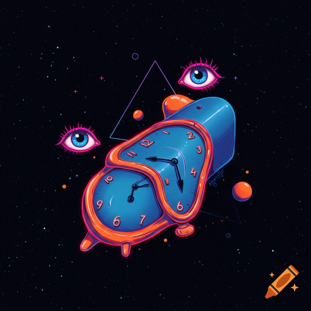 Surreal depiction of a melting clock floating in space with eyes and geometric shapes.