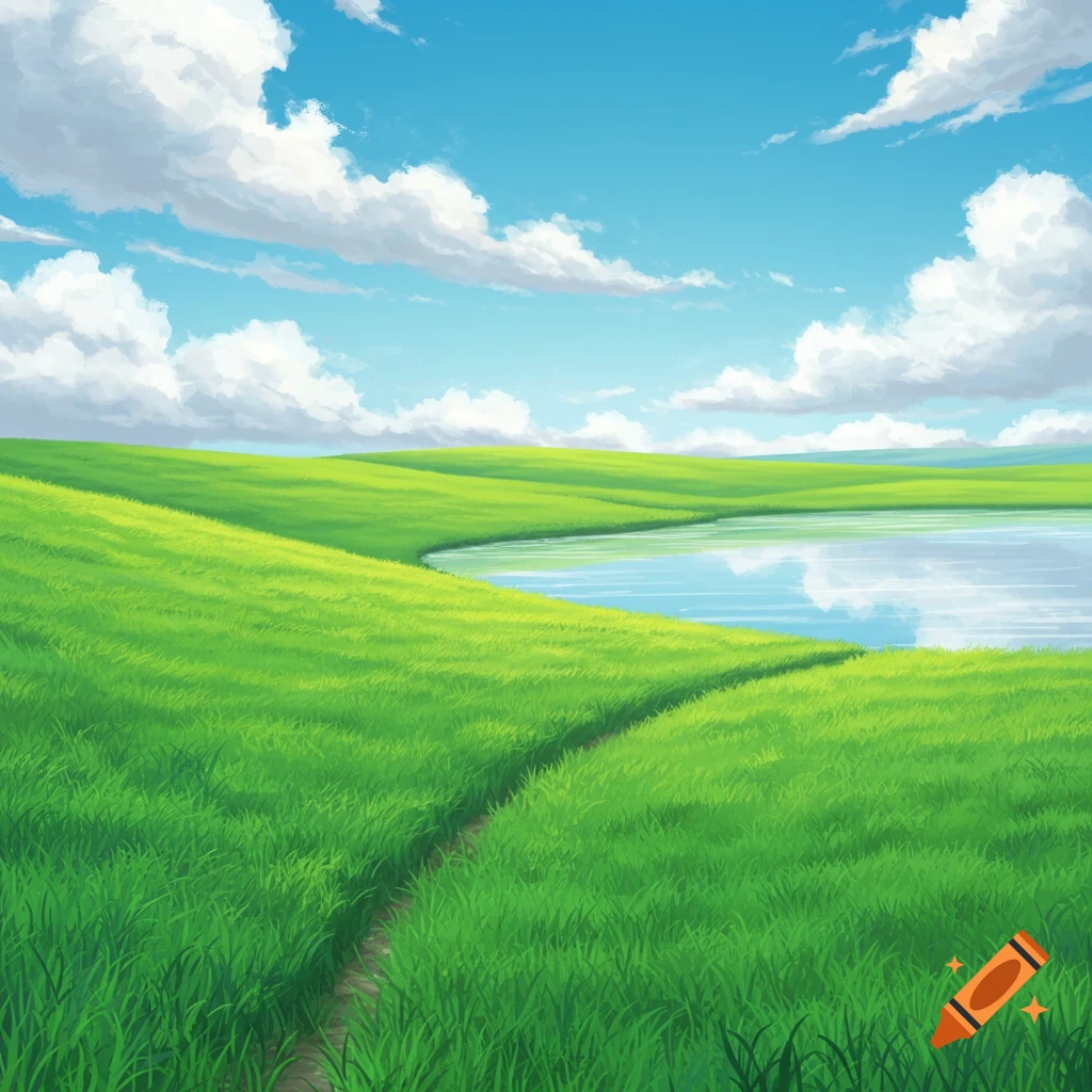 A green hilly landscape with a lake and path under a cloudy blue sky.