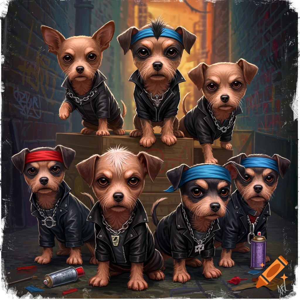 Six puppies in leather jackets and bandanas posing in an urban alley.