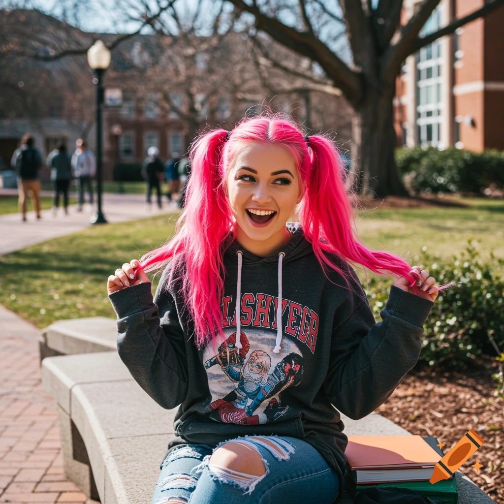 A young woman with vibrant pink pigtails and ripped jeans sits on a campus bench on a sunny day.
