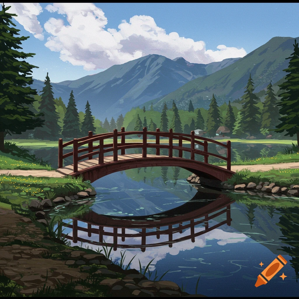 A small wooden bridge crossing a lake, with mountains and trees in the background.