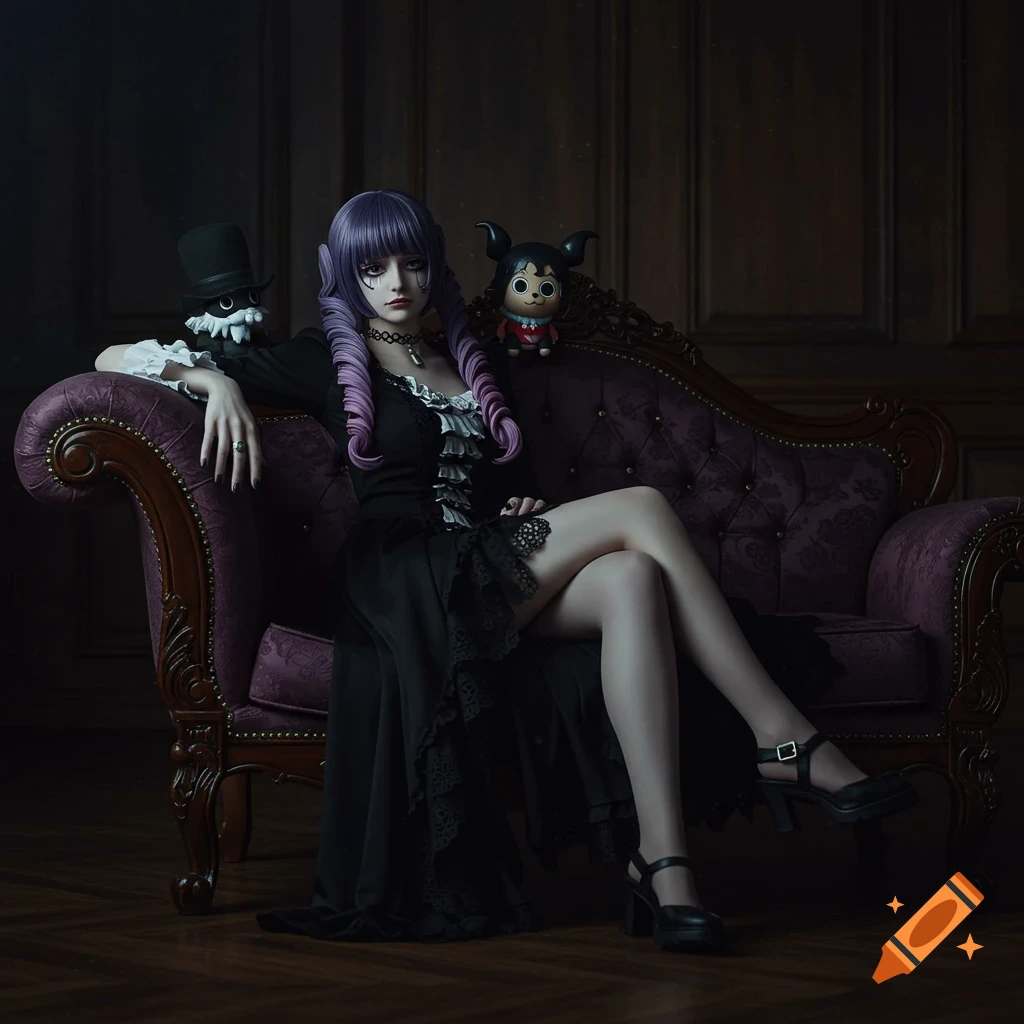 Perona character sitting on a purple couch with two figures