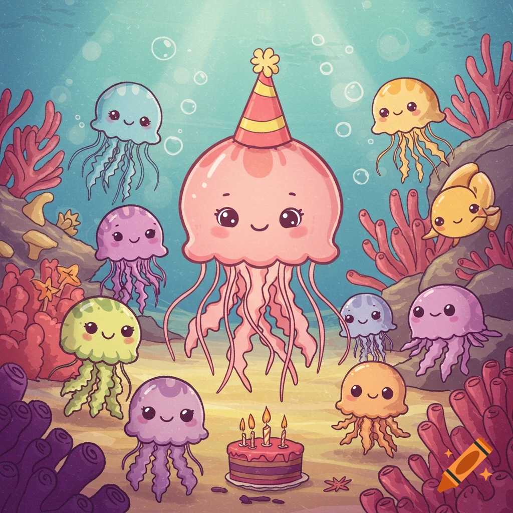 Cute cartoon jellyfish having a birthday party underwater with a cake and friends.