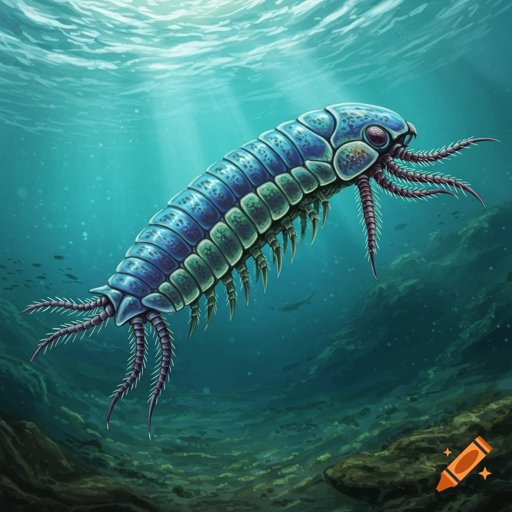 A prehistoric marine invertebrate with many legs swimming in the ocean.