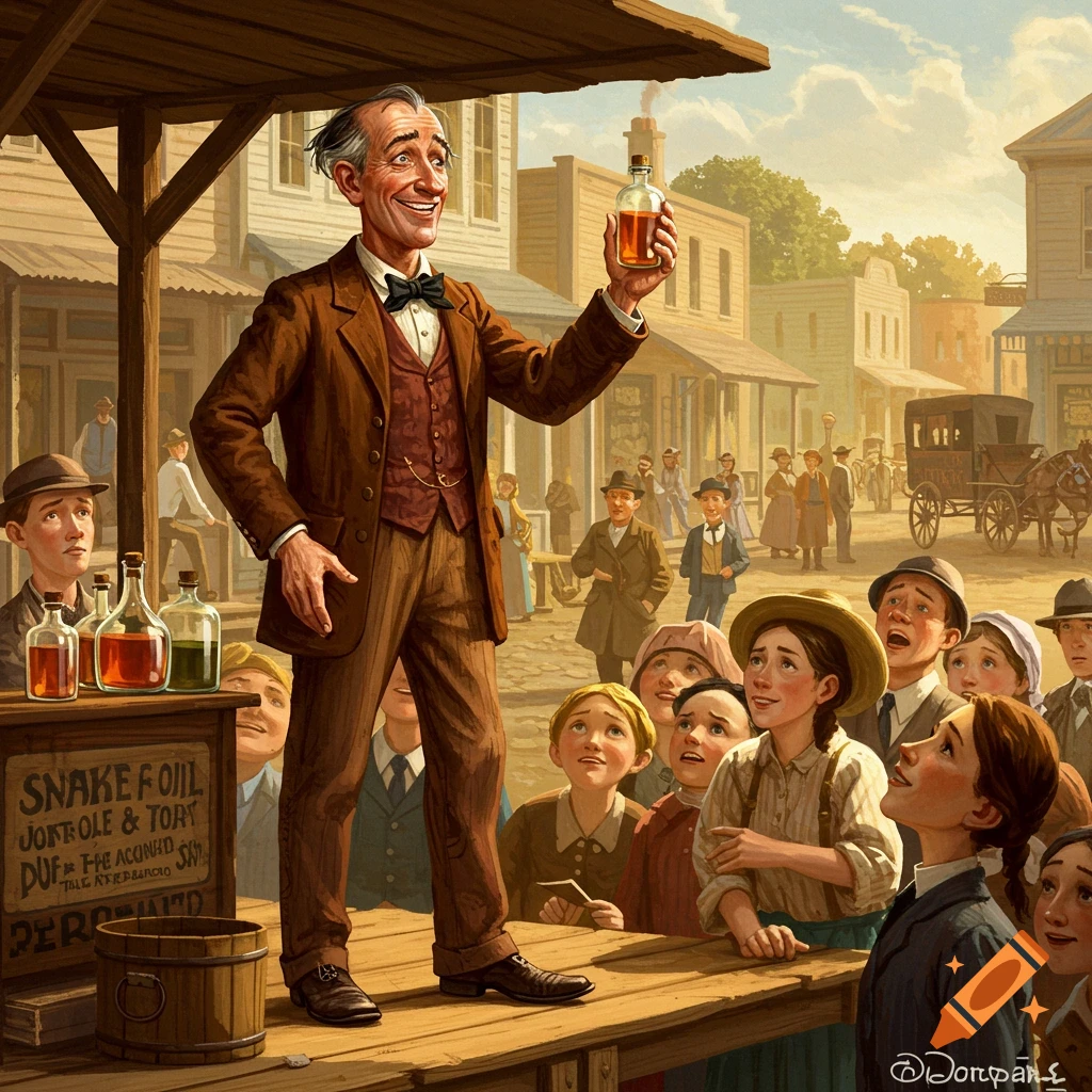 A salesman holding up a bottle to a crowd in a historical street scene.