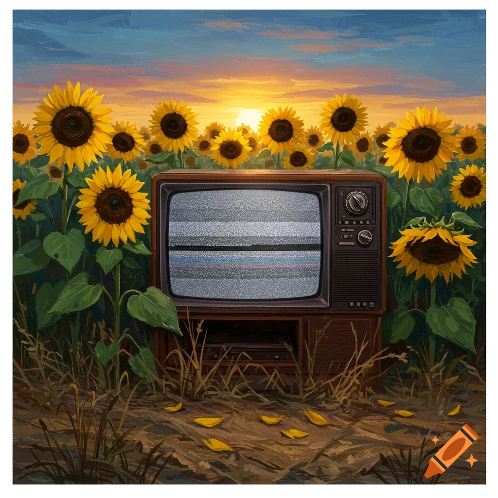 A vintage TV with static in a sunflower field at sunset.