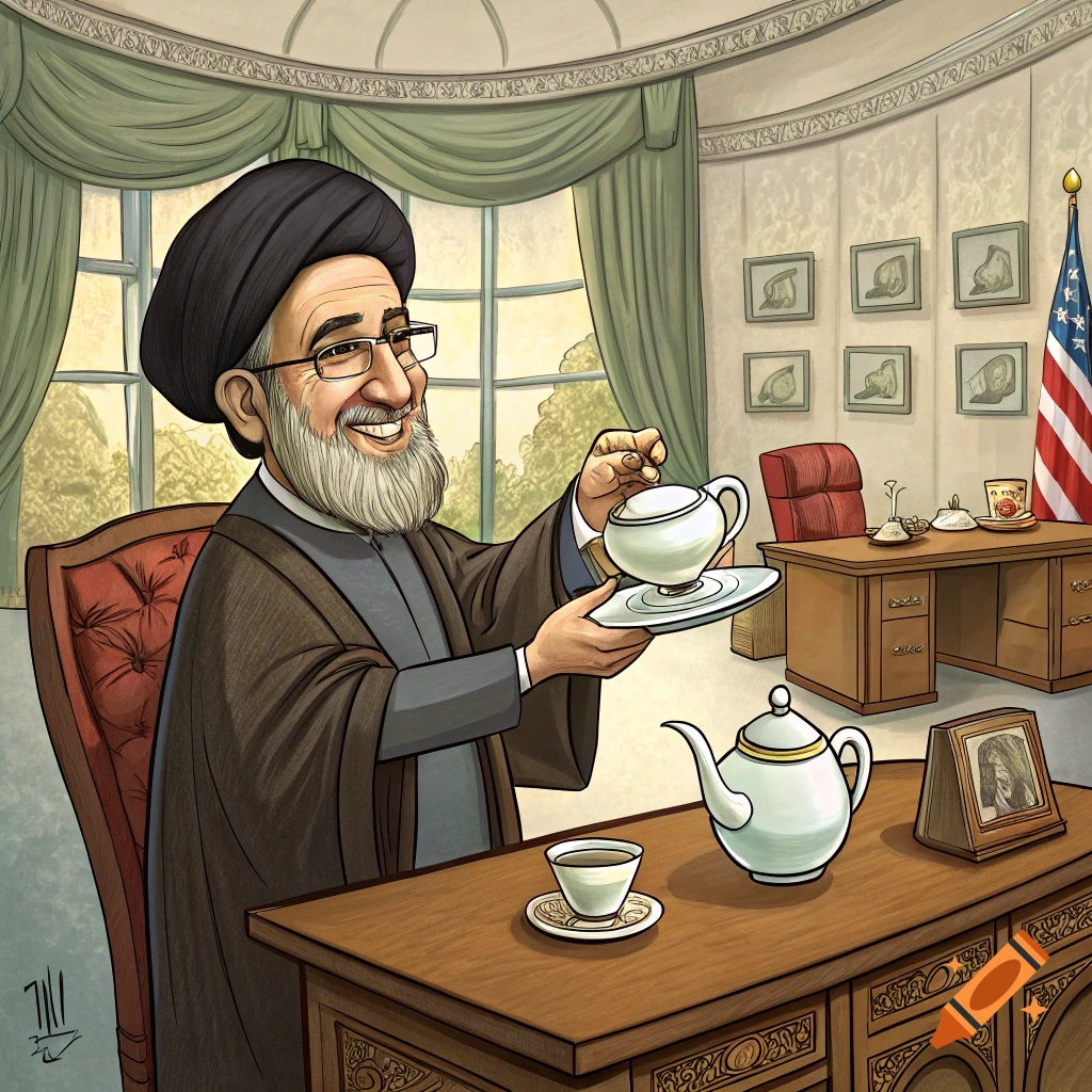 Cartoon of a man identified as the Iranian president serving tea in an office.