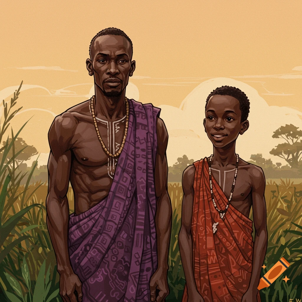 A couple in traditional African clothing standing in a field.
