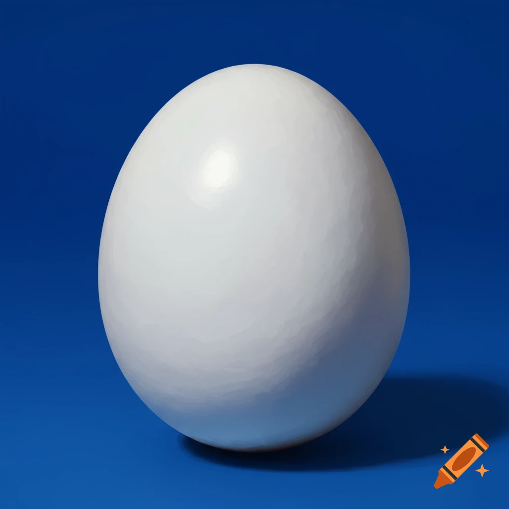 A white egg sits on a blue surface with a shadow.