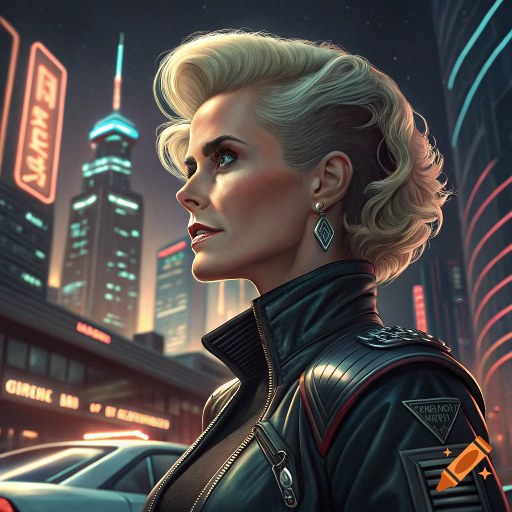 Portrait of a woman in a leather jacket in a cyberpunk city