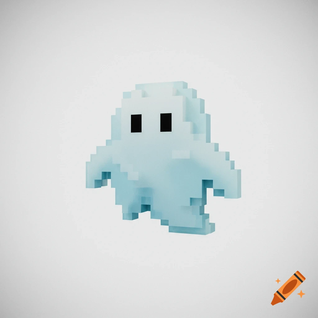 A light blue 16-bit pixel art ghost with black eyes on a white background.
