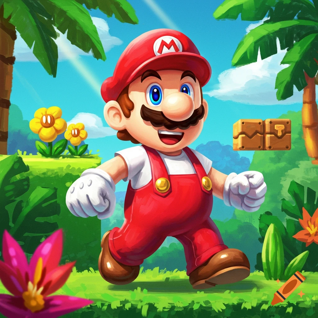 Mario running through a vibrant green level with palm trees, flowers, and question blocks under a blue sky.