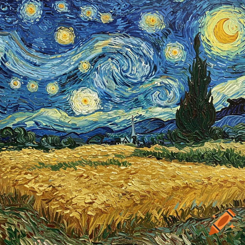Painting in the style of Van Gogh showing a landscape with a swirling starry sky, moon, cypress tree, village, and wheat field.